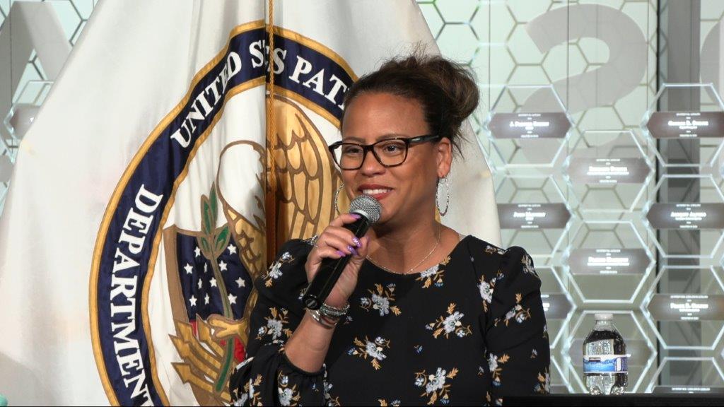 USPTO Lead IT Specialist (Trademarks) Sintia A. speaks at the USPTO “Hispanics in the Military” discussion at the National Inventors Hall of Fame Sep 19, 2023.